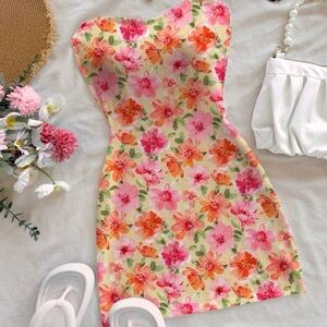Pink and Orange flower Strapless Mini Sundress mini